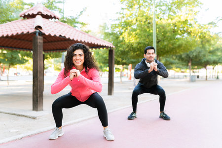 Good-looking couple doing squat exercises on the park. Fit young woman and young guy working out in the parkの写真素材