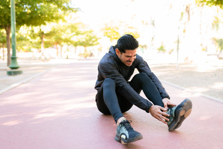 Latin guy in his 20s in sportswear suffering of a foot injury in the running track of the park