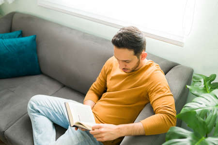 Attractive man reading a book on the sofa living room during a leisure day at home. Hispanic man in his 30s enjoying a novelの写真素材