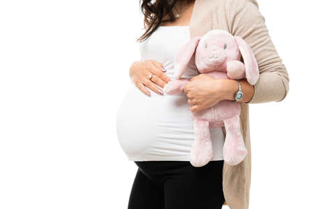 Pretty woman touching her pregnant belly and holding a pink teddy bear. Beautiful pregnant woman...