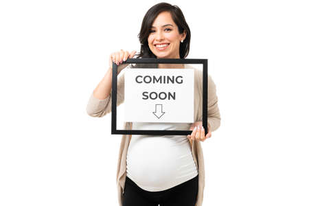 Cheerful pregnant woman feeling excited for the arrival of her new baby. Pretty expectant mother...