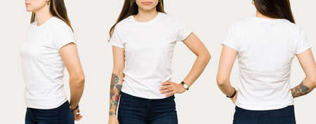 Young woman wearing a white casual t-shirt. Side view, behind and front view of a mock up t-shirt...