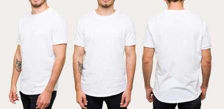 Handsome young man wearing a white casual t-shirt. Side view, behind and front view of a mockup...