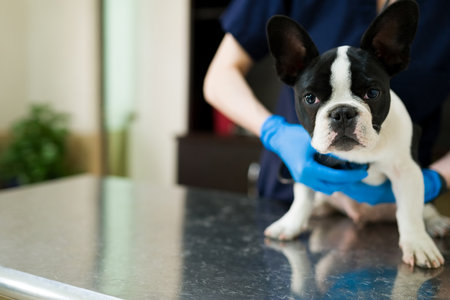 Cute boston terrier at the vet's table. Female veterinarian with gloves doing a medical exam on a...