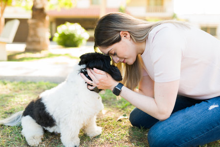 Calm relaxed woman petting and giving love to a cute small dog at the park. Beautiful loving woman...