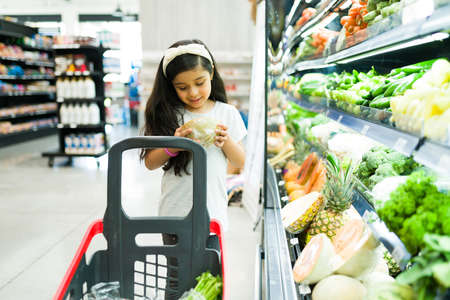 Beautiful little girl likes to eat fruit. Cheerful elementary kid choosing a fresh melon at the grocery storeの写真素材