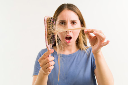 I can't believe it! Shocked young woman checking and touching the hair in her brush. Caucasian woman with hair lossの写真素材