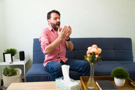 Hispanic man with the flu sneezing into a tissue paper. Ill man catching a cold at home and resting in the living roomの写真素材