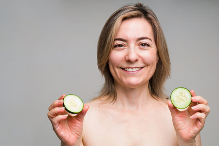 Gorgeous caucasian woman in her 50s holding two slices of cucumbers while ready to do a spa and skin care dayの写真素材
