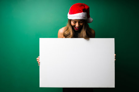 Surprised young woman reading a sign with a good positive message for the holidaysの写真素材