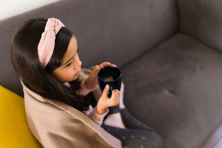 Relaxing cold day. Beautiful girl drinking a hot tea while chilling on the couch during the winter