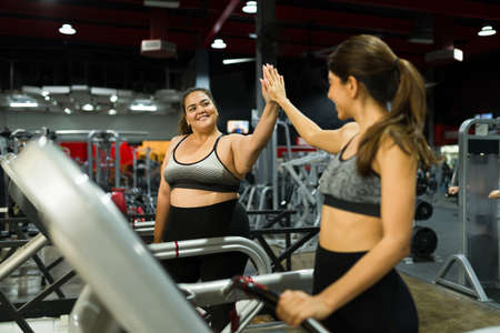 Happy personal trainer and obese young woman making a high five after finishing running at the treadmillの写真素材