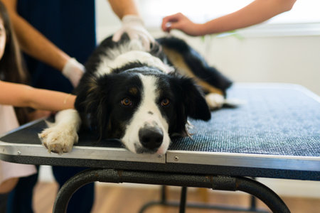 Cute border collie dog feeling sad and sick while getting a medical treatment at the animal hospitalの写真素材