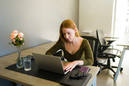 Concentrated smart woman focused on finishing a work project on the laptop while sitting at her office deskの写真素材