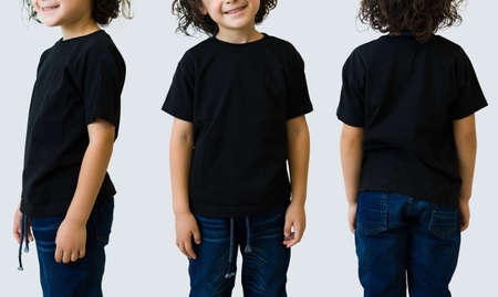Young boy wearing a black casual t-shirt. Side view, behind and front view of a mockup t-shirt for...