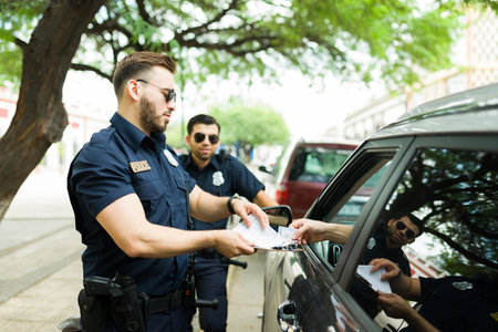 Cops on duty receiving bribe money from a driver for not giving him a speeding ticket