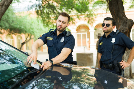 Police officers with black uniform and sunglasses putting a traffic parking ticket to the car...
