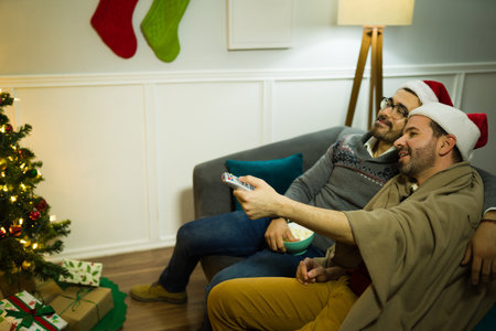 Beautiful gay couple wrapped in a blanket having a relaxing christmas night looking holiday movies in the living roomの写真素材