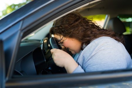 Frustrated angry obese woman looking angry and tired while putting her head on the wheel after driving the carの写真素材