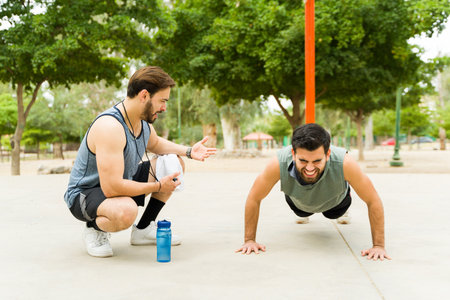 Caucasian personal coach training with a latin man doing push ups and exercising in the park