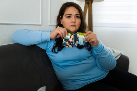 Depressed sad woman tearing a picture photo of her partner after crying because of her heartbroken breakupの写真素材