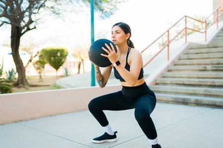 Fit sporty young woman doing squats and using a slam ball outdoors during her cross training workoutの写真素材