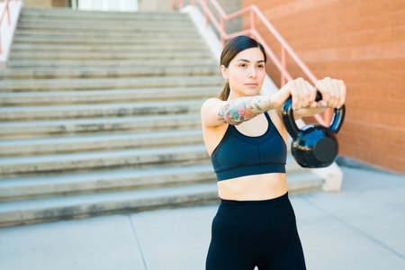 Beautiful fit young woman training outdoors using a kettlebell weight and exercising looking strong