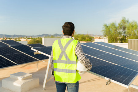 Engineer worker with a yellow vest seen from behind looking at the solar panel installation in the...