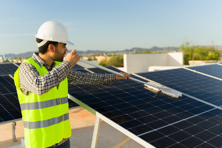 Latin man engineer with a vest and helmet cleaning the solar panels in the rooftop to clean energy...