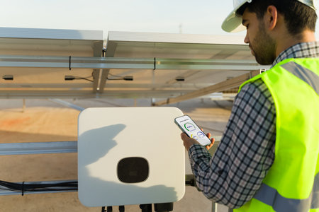 Professional engineer checking the energy monitor on the smartphone while working in solar panel...