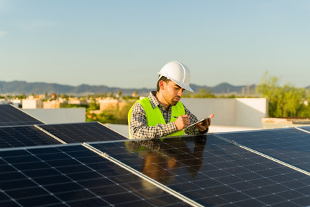 Engineer installer working on the solar panels installation at a residential home while checking on...