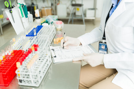 Lab technician writing information about the blood samples and test tubes while working in the...