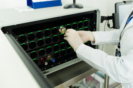 Lab technician using the lab equipment and cultivation machine putting on blood samples in test...