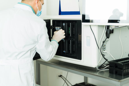 Chemist with a lab coat and gloves using the cultivation machine and lab equipment doing blood...