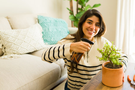 Attractive young woman smiling making eye contact while watering her plants and enjoying doing her gardening hobby at homeの写真素材
