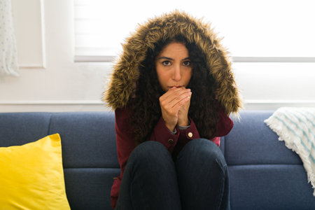 Portrait of a sad young woman warming up her hands suffering without heating at home while wearing a...