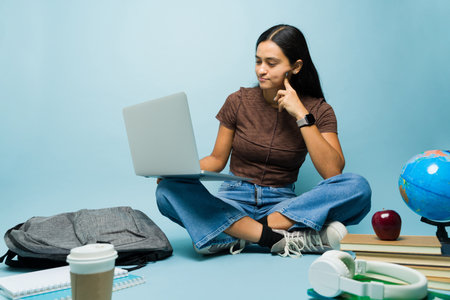 Thoughtful young woman  and student studying online or doing homework on the laptop while going to...