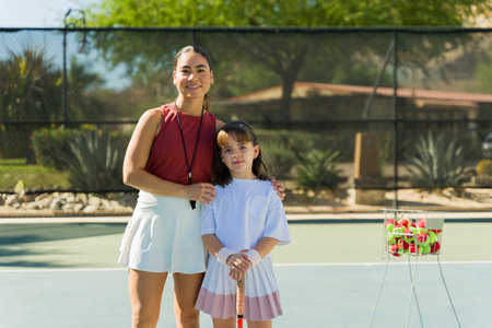 Portrait of cheerful latin woman trainer hugging a caucasian girl student taking tennis lessons looking happyの写真素材