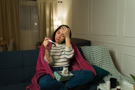 Ill sad young woman suffering from a fever using a thermometer and sick with a cold while feeling...