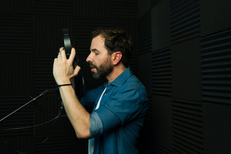 Male audio technician fine-tuning a studio microphone for recordingの写真素材