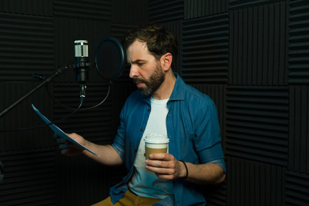 Focused man holding a script and coffee cup while getting ready to record in a professional studioの写真素材