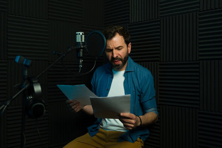 Focused male voice actor reads from a script and gets ready to record in a professional studio setupの写真素材