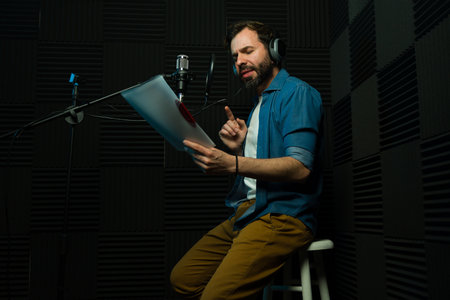 Male voice talent actively recording in a professional soundproof studioの写真素材