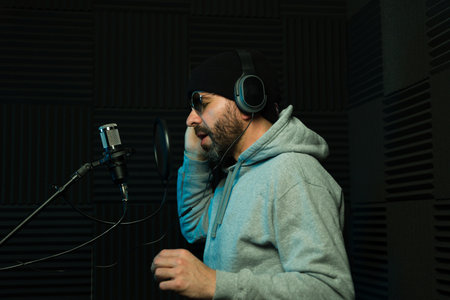 Focused male sound producer with headphones records vocals in a soundproof recording studioの写真素材