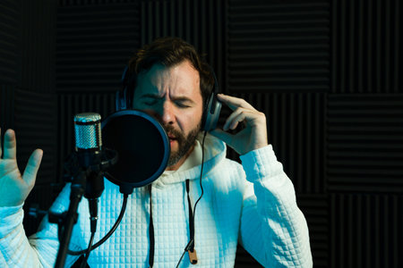 Passionate singer with headphones performs in a soundproof recording booth, illuminated by blue lightの写真素材