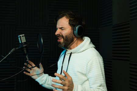 Enthusiastic male singer with headphones performs in a soundproof recording studioの写真素材
