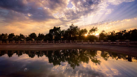 Sunset reflected in a lake that is located in a parkの写真素材