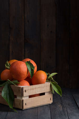 Fresh tannins with their green leaf, placed on the table and in a small wooden boxの写真素材