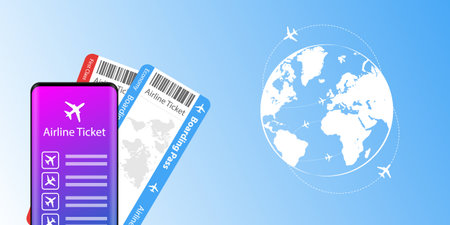 Airplane boarding pass and boarding pass on smartphone screen. Vector illustration.のイラスト素材