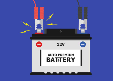 Vector illustration of a car battery on a blue background. Flat style.のイラスト素材